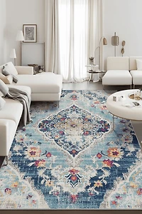 Tapis d'intérieur bohème Branch Savannah 2' x 30' (taille exacte : 2'3" 30'), bleu gris, style transitionnel - Entrée, couloir, salle de bain et cuisine