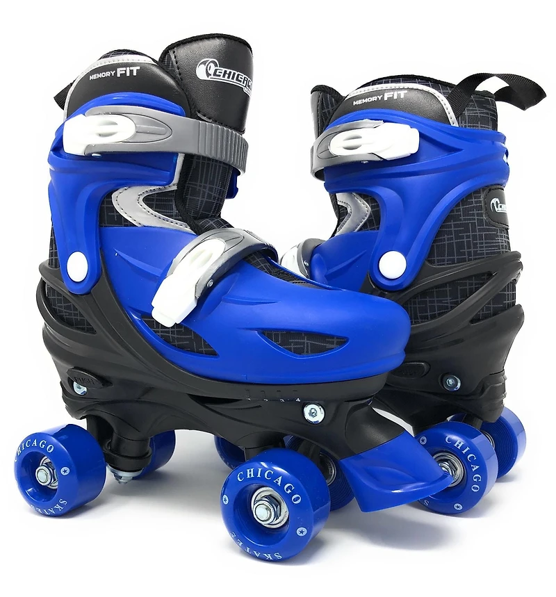 Chicago Skates Kids Adjustable Quad Rollerblades With Accessory Bundle, Blue, Size J10-J13