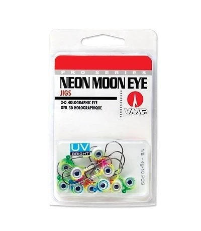 VMC NME18UK Neon Moon Eye Jig UV Hook Kit 1/8oz Assorted 10Pk, Neon Moon Eye Jig UV Hook Kit