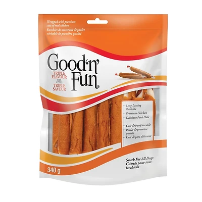 Good'N'Fun Triple Flavour Ribs Chews for All Dogs, 12 Ounces, Treat Your Dog to Long-Lasting Chews Made with Beef Hide, Chicken and Pork Hide, 3 treats in 1!