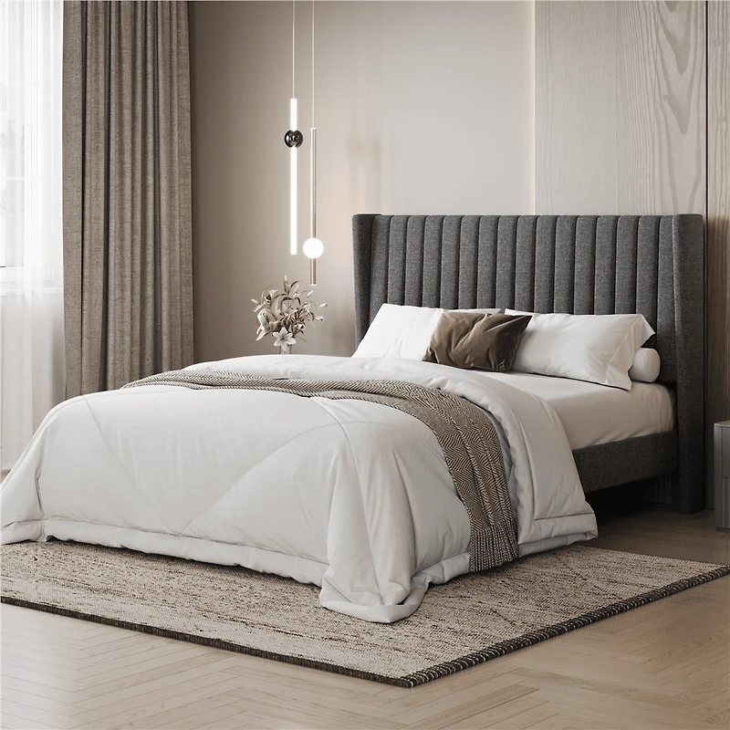 Fullfurnique Upholstered Bed Frame with Wing Side and Channel Headboard, Queen, Dark Gray