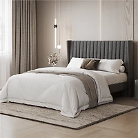 Fullfurnique Upholstered Bed Frame with Wing Side and Channel Headboard, Queen, Dark Gray