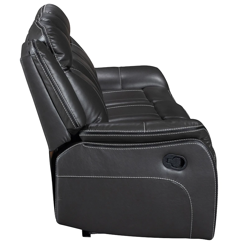 Canapé inclinable Primo Declan 85" gris foncé avec porte-gobelets, sièges manuels, coussins confortables, structure robuste pour salon