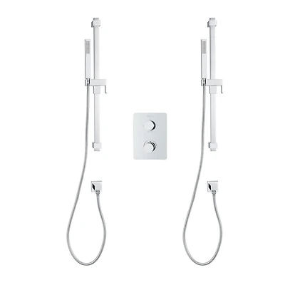 Ensemble de douche thermostatique carré d'akuaplus(MD) avec Déviateur 4 voies et avec arrêt, 2 douchettes, 2 barres de douche murals, Fini chrome