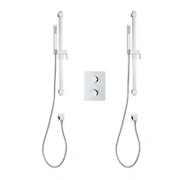 The akuaplus® square thermostatic Shower Set with 4-Way Diverter and with stop, 2 Hand Showers, 2 shower posts, or simultaneously, Chrome Finish.