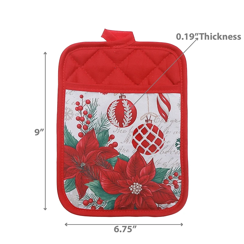 Pot Holder With Pocket (Poinsettia W/ Ornaments) - Set of 6