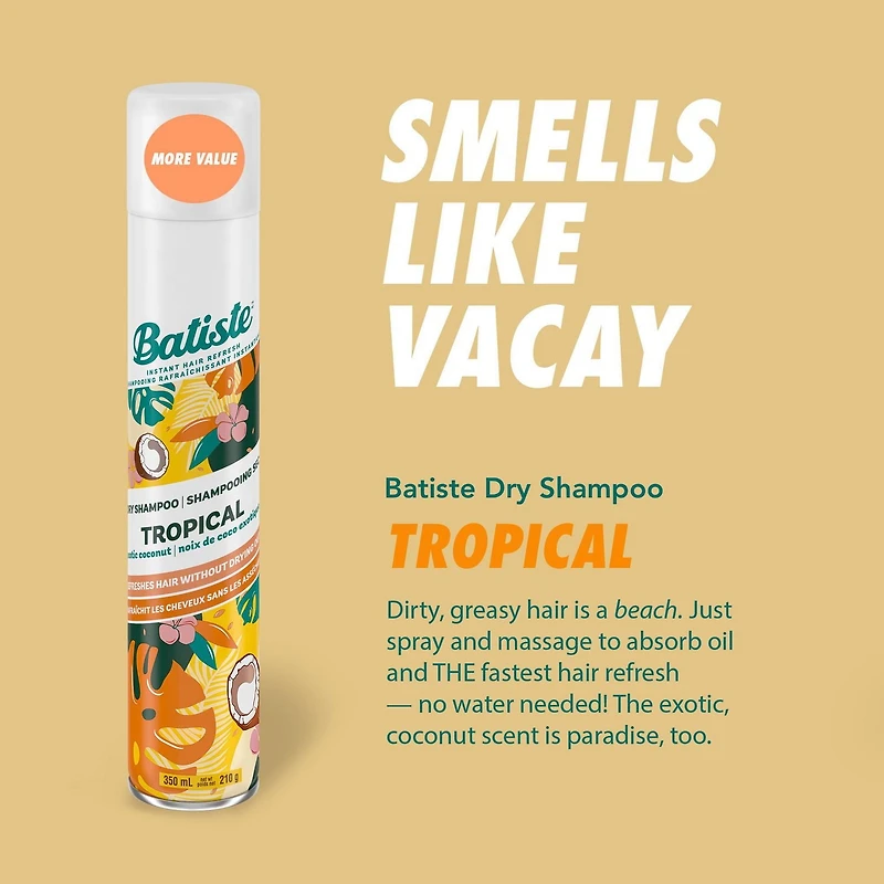 Batiste Shampoing sec, parfum tropical, pack économique, rafraîchit les cheveux et absorbe l'huile entre les lavages, shampooing sans eau pour plus de texture et de corps, grand format, 200 ml Pas de lavage? Pas de problème