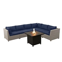 Chambers Bay Collection 7-Piece Aluminum Patio Conversation Set with Navy Cushions and Square Fire Table