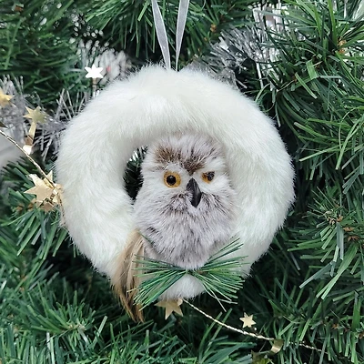 Holiday Time Soft Flurry Owl Wreath - White & Brown