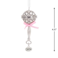Hallmark Christmas Ornament (Baby's First Christmas Silver Baby Rattle With Pink Ribbon 2024 Premium Metal)