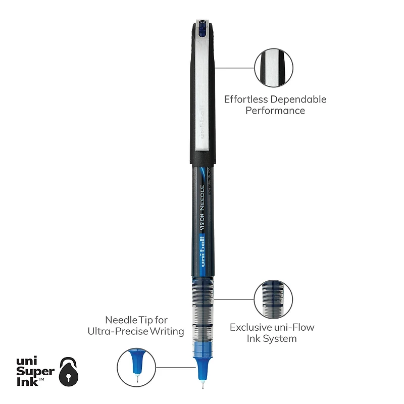 uniball™ Vision Needle Rollerball Pens, Micro Point (0.5mm), Blue, 5 Pack