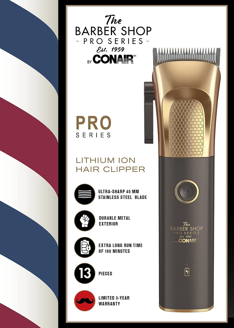 The Barber Shop Pro Series by Conair Metal Series Professional Grade Lithium Ion Hair Clipper
