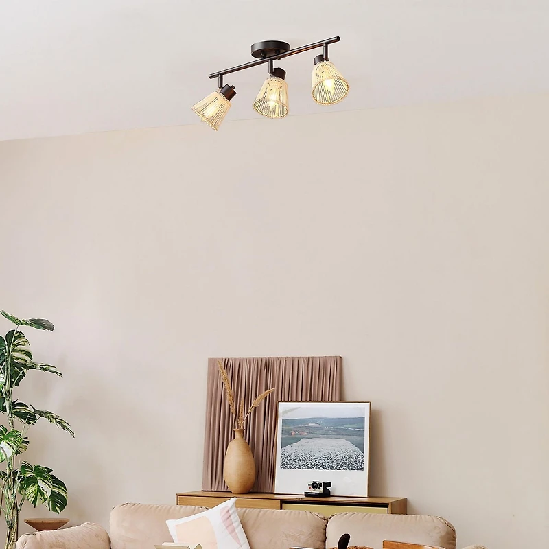 Rail d’éclairage noir mat à 3 ampoules avec abat-jours en bambou