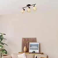 Rail d’éclairage noir mat à 3 ampoules avec abat-jours en bambou