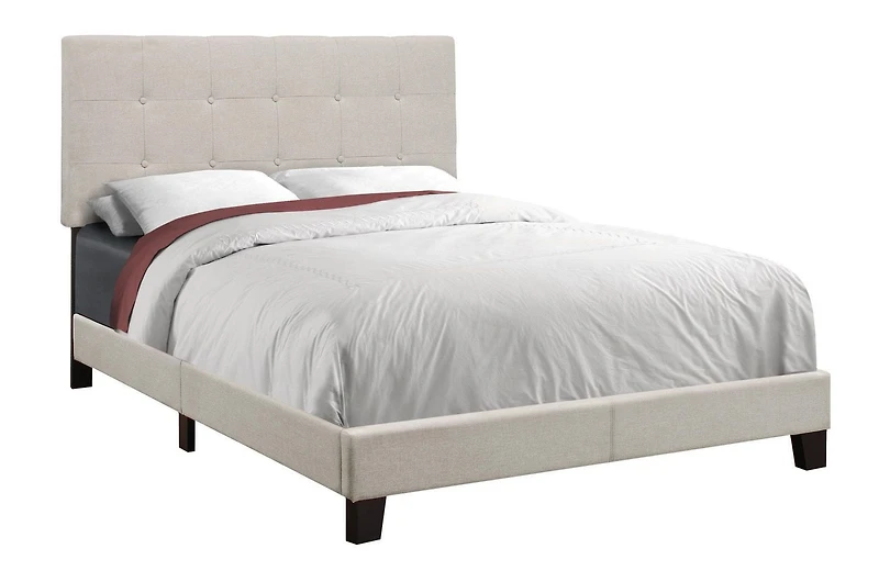 Monarch Specialties Bed, Full Size, Platform, Bedroom, Frame, Upholstered, Linen Look, Wood Legs, Beige, Black, Transitional