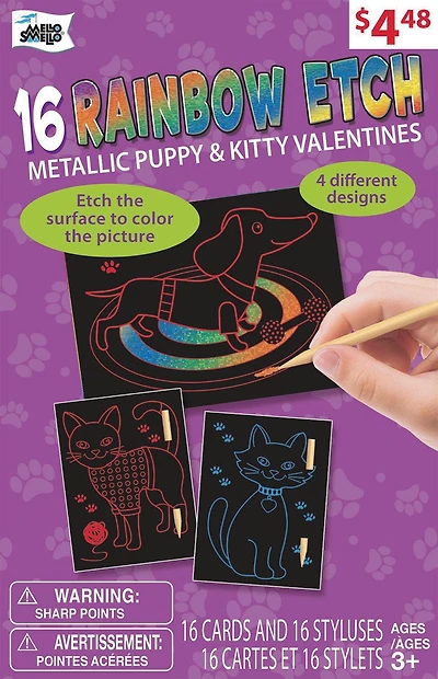 Mello Smello 16CT Rainbow Etch Metallic Puppy & Kitty Valentines Kiddie Cards