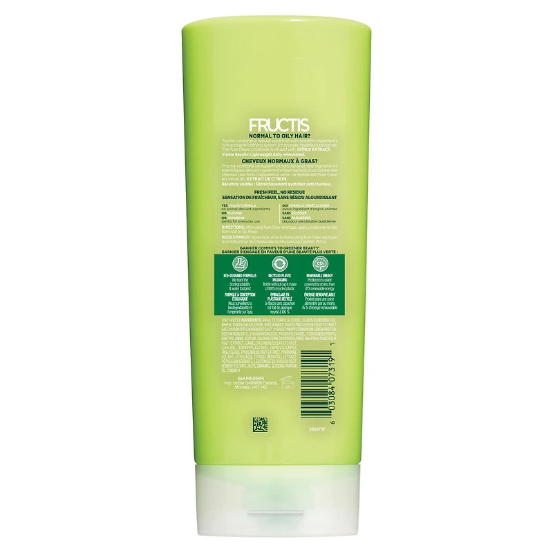 Garnier Fructis Pure Clean Zero Silicone revitalisant fortifiant pour cheveux normaux à gras, avec extrait de citron, 621 mL