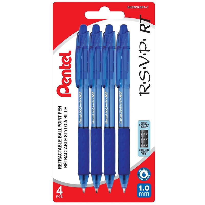 Pentel R.S.V.P. RT Colours Retractable Ballpoint Pen Medium 1.0mm 4-Pack, Blue Ink, Non smudging oil-based ink