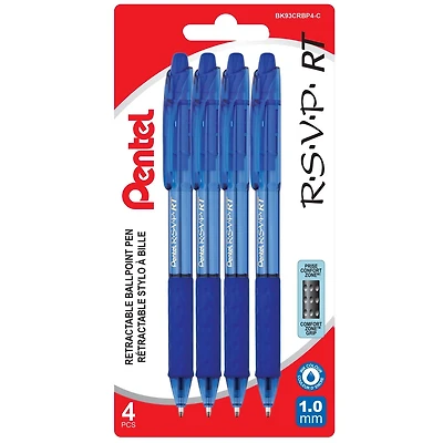 Pentel R.S.V.P. RT Colours Retractable Ballpoint Pen Medium 1.0mm 4-Pack, Blue Ink, Non smudging oil-based ink
