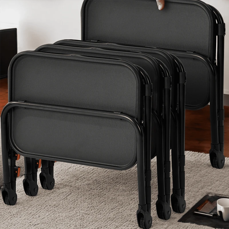 Homy Casa Set of 2 Folding Coffee Tables with Cup Holders and Adjustable Height, Black Plastic Surface