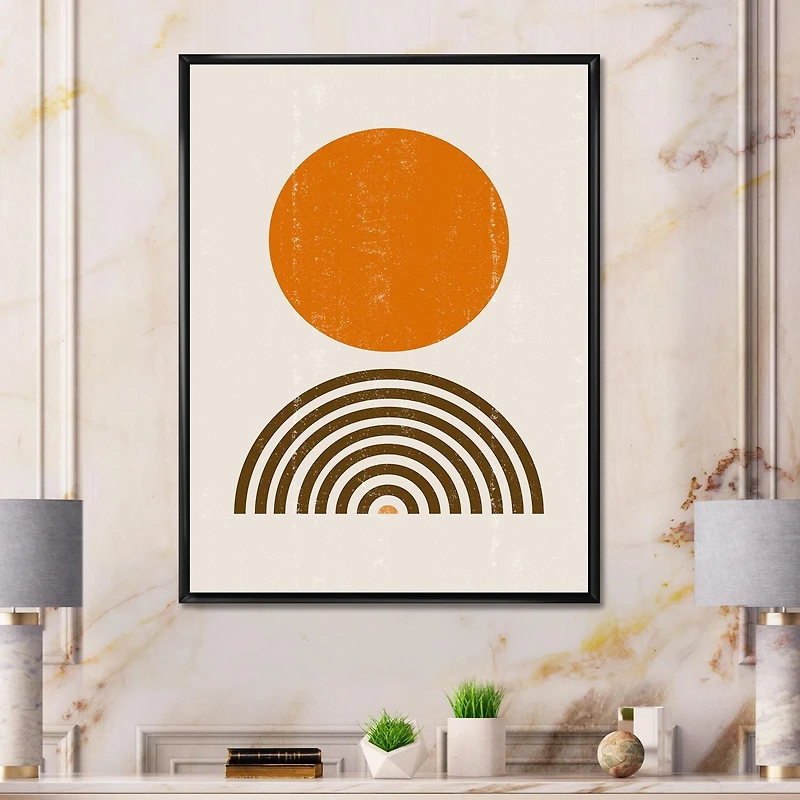 Designart Abstract Minimal Orange Sun and Rainbow I FLOAT FRAME WALL ART