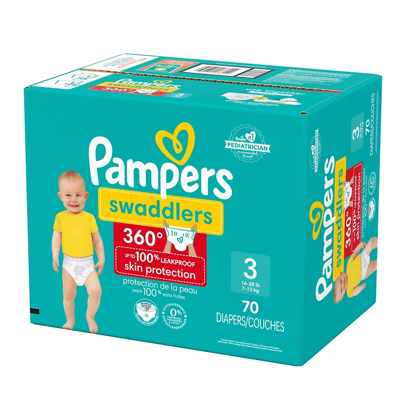 Couches Pampers Swaddlers 360°, ajustement confortable et au sec, jusqu’à 100 % sans fuites, rabats rapides conçus pour faciliter les changements, couche à enfiler, taille 3