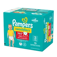 Couches Pampers Swaddlers 360°, ajustement confortable et au sec, jusqu’à 100 % sans fuites, rabats rapides conçus pour faciliter les changements, couche à enfiler, taille 3