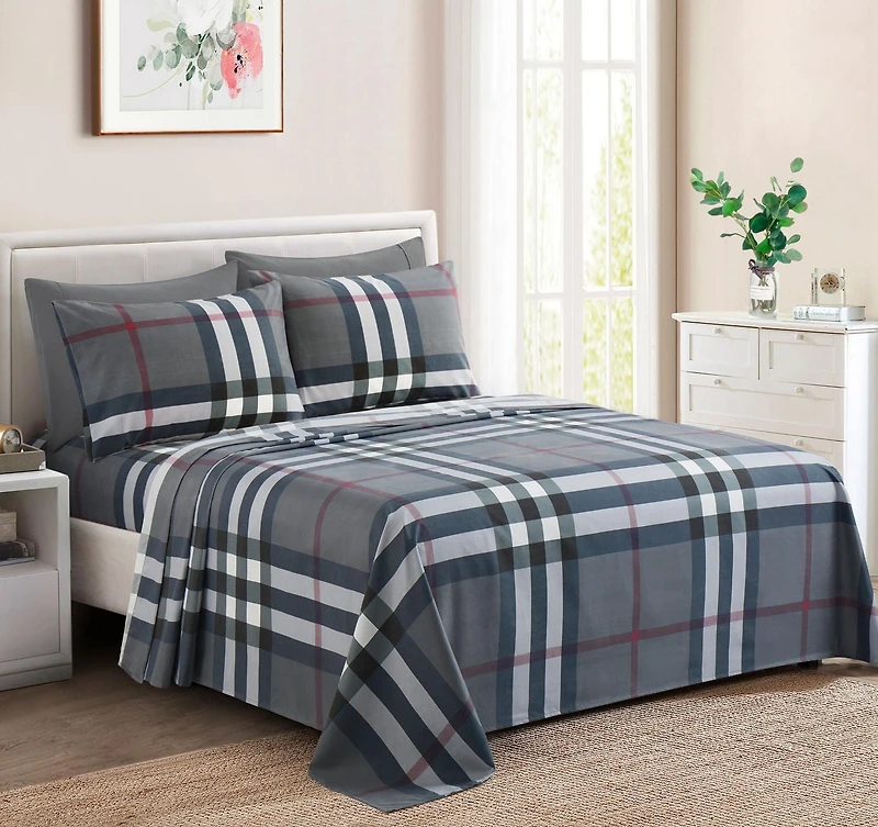 Literie Marina Décoration ultra douce, soyeuse et riche en soie, imprimée, en rayonne de bambou, toutes saisons, avec taies d'oreiller, motif tartan gris moderne