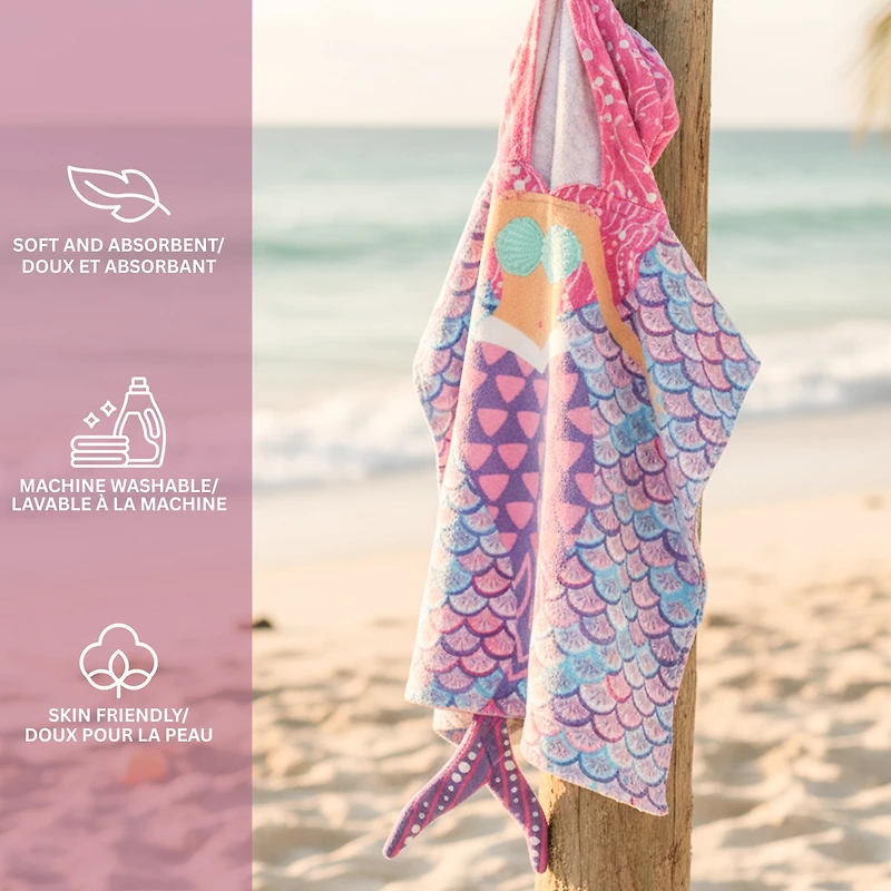 Mainstays Hooded Beach Towel, Mermaid, 1 Piece, 24" x 48"