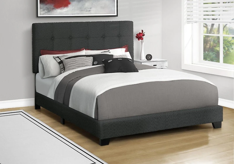 Monarch Specialties Bed, Bedroom, Frame Only, Queen Size, Upholstered, Dark Grey Boucle, Transitional