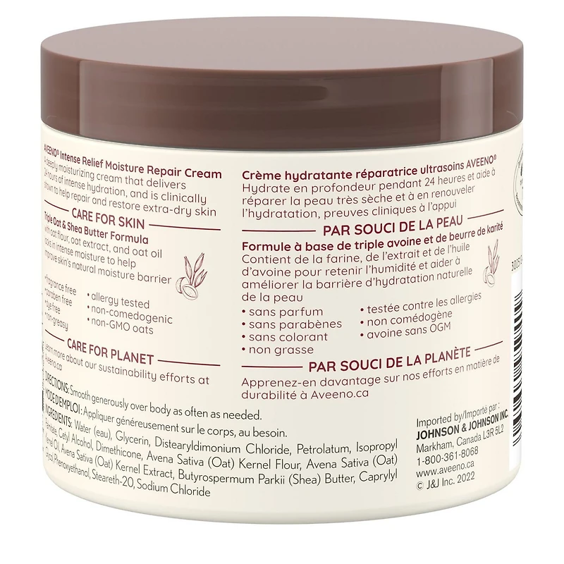 Aveeno Intense Relief Moisture Repair Cream, Shea Butter, Triple Oat, Extra Dry Skin Moisturizer, Fragrance Free, 306 mL