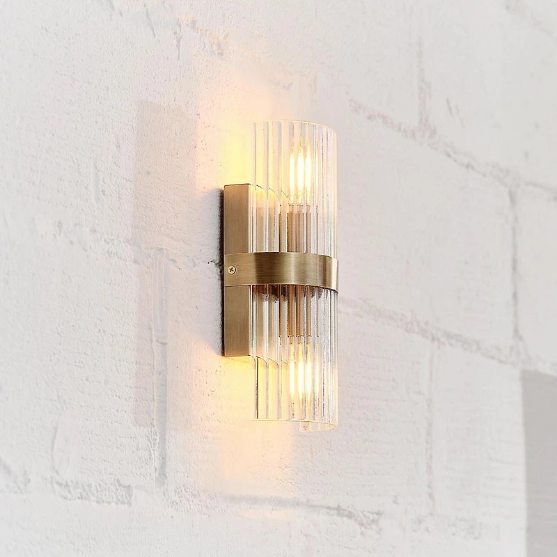 2-Light Matte Brass Wall Sconce with Ribbed Glass Shade