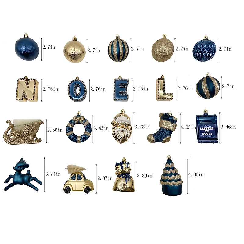 Holiday Time 50-Count Iconic Symbols of Christmas Shatterproof Christmas Ornaments, Navy/Gold
