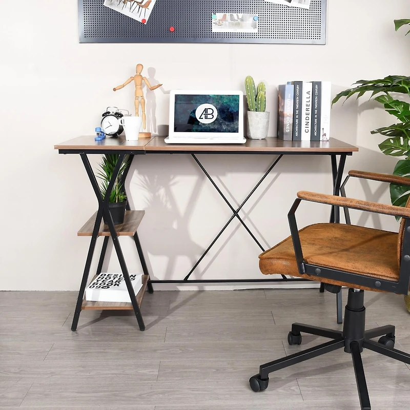 Homylin Home Office Computer Desk Writing Study Workstation with 2 Tier Storage Shelves, Industrial Style Wood Table and Metal Frame, Rustic Brown