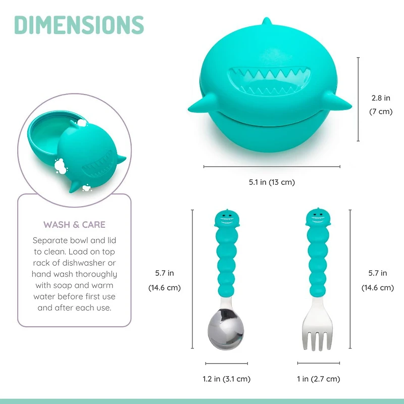 Melii Silicone Animal Bowl with Lid and Utensils - Blue Shark