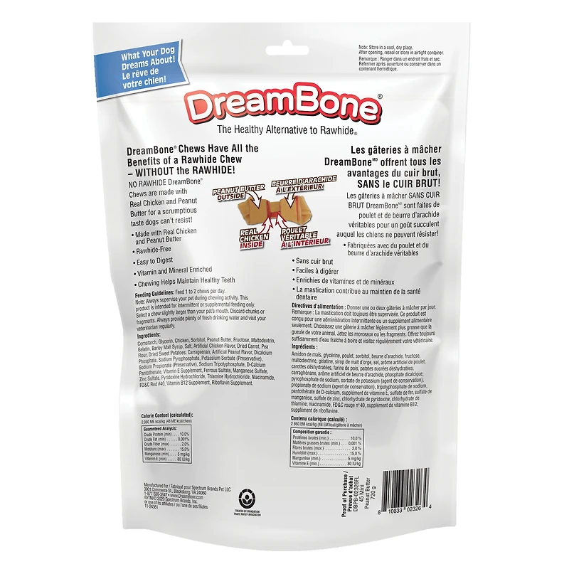 DreamBone Mini Bones Made With Real Peanut Butter 45 Count, Rawhide-Free Chews For Small Dogs, DreamBone Peanut Butter Mini 45ct, 25.3oz, 720g