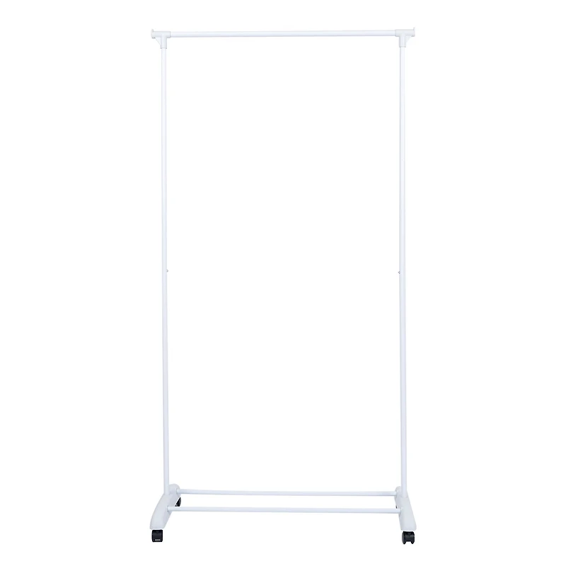 Mainstays Porte-vêtements simple tige simple, blanc. Taille assemblée: 89cmx44.45cmx172.72cm; Supporte jusqu'à 9kg; Roulettes de transport; Rangement supplémentaire en bas.