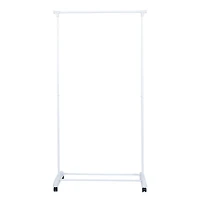 Mainstays Porte-vêtements simple tige simple, blanc. Taille assemblée: 89cmx44.45cmx172.72cm; Supporte jusqu'à 9kg; Roulettes de transport; Rangement supplémentaire en bas.