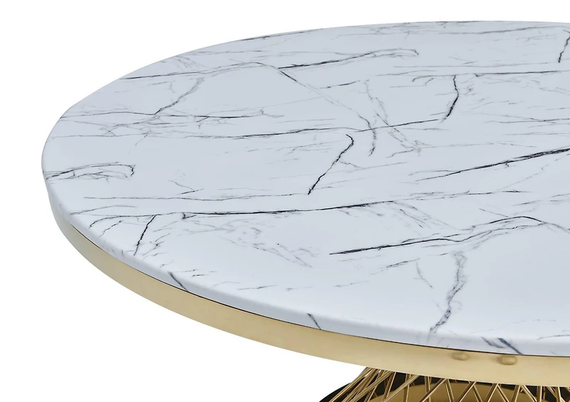 Table de salle à manger Corydon Gold avec plateau en faux marbre et structure en acier inoxydable