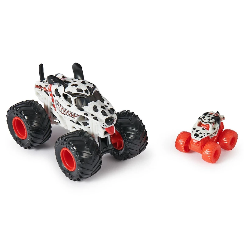Monster Jam, Monster truck officiel en métal moulé Dalmatian, échelle 1:64, avec mini-véhicule collector à l'échelle 1:87 en cadeau, jouets pour filles et garçons à partir de 3 ans