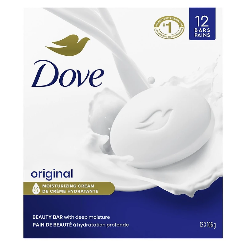 Dove Pain de Beauté nettoyant doux pour la peau et hydratant pour un soin cutané doux Original conçu avec 1/4 de crème hydratante, 106g 12 unités