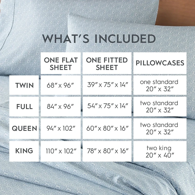 Better Homes & Gardens 4-Piece 300 Thread Count Suzani Blue Water Cotton Sateen Bed Sheet Set, King, 300 TC Cotton Sateen Sheet Set