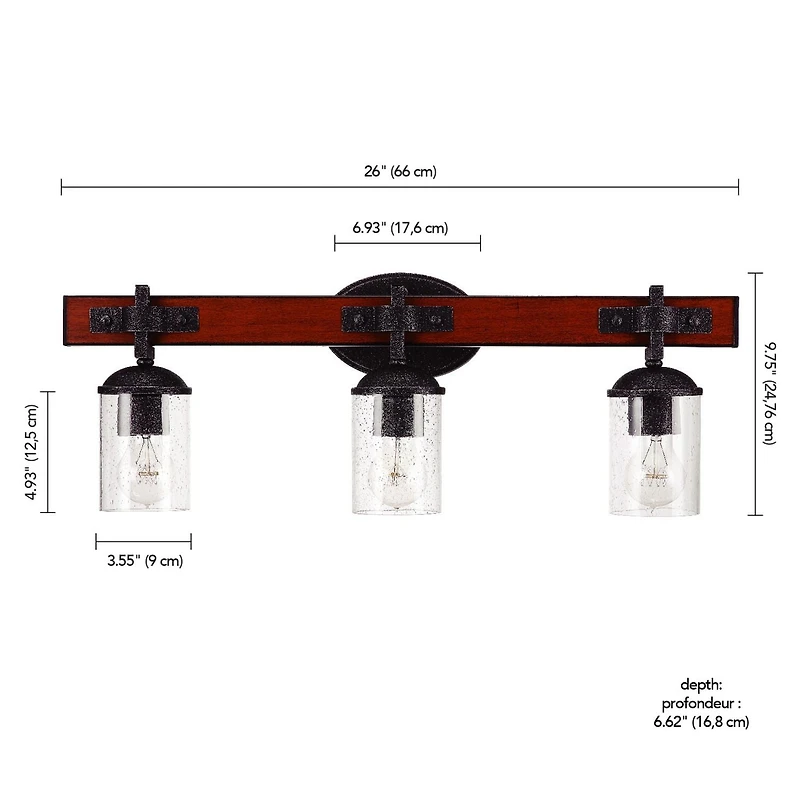 Globe Electric Kingston 3-Light Vanity Light, Dark Faux Wood, Galvanized Metal Accents, Clear Seeded Glass Shade, 51854