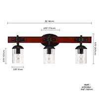Globe Electric Kingston 3-Light Vanity Light, Dark Faux Wood, Galvanized Metal Accents, Clear Seeded Glass Shade, 51854