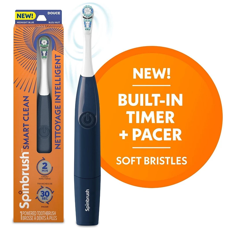 Spinbrush Smart Clean Battery Powered Electric Toothbrush for Adults with Dual Action Head, Pacer & Timer, Midnight Blue, Soft Bristles
