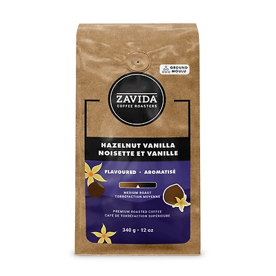 Zavida Coffee Hazelnut Vanilla Flavoured Medium Roast Ground Coffee 340g, 2.6