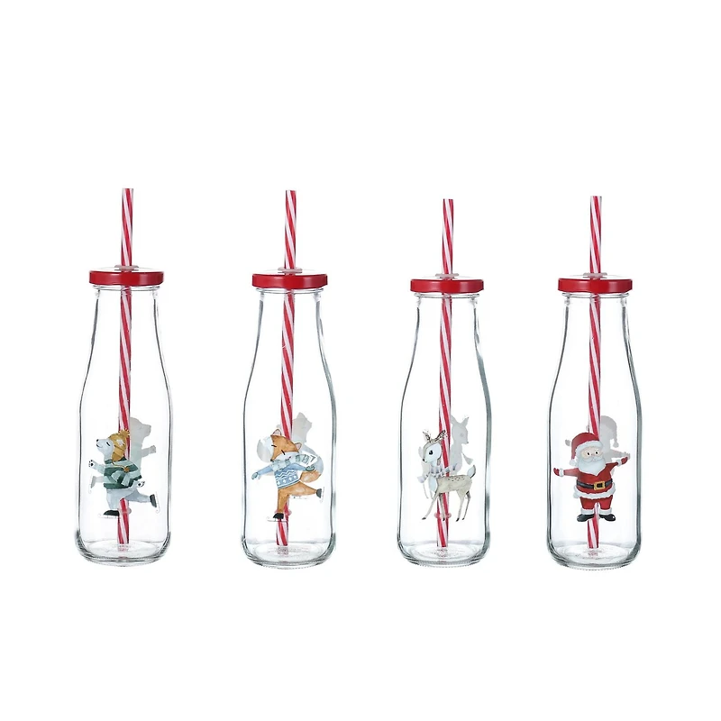 440 ml Bouteille en verrre  avec couvercle rouge et paille<br>MOTIF DE CONCEPTION DE NOËL - PÈRE NOËL