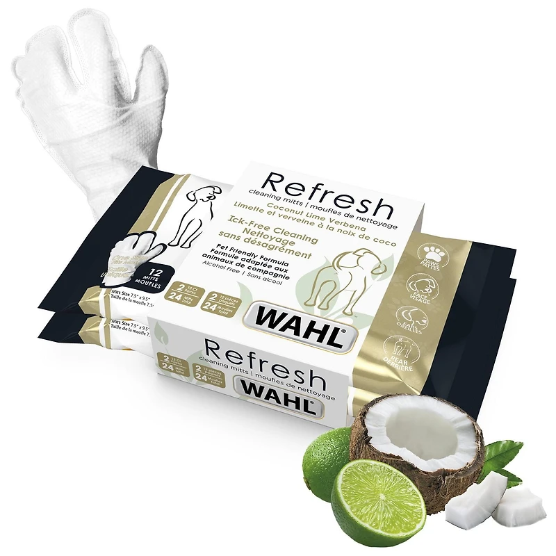 Wahl Mitt Wipes - 24 lingettes pour chiens à 3 doigts avec flocons d'avoine, aloès et karité - Parfum noix de coco et citron vert - Modèle 58553 Lingettes pour gants pour chiens