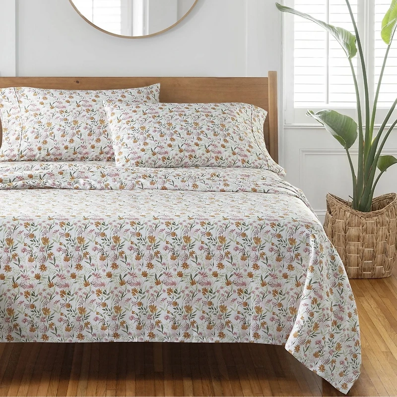 Parure de lit 4 pièces en satin de coton chaud 300 fils Better Homes & Gardens, motif fleurs timides, très grand lit Ensemble de draps en satin de coton 300 fils