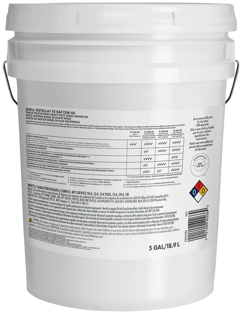Shell Rotella T4 15W40 Diesel Engine Oil 18.9L Pail, Rotella T4 15W40 18.9L PAIL
